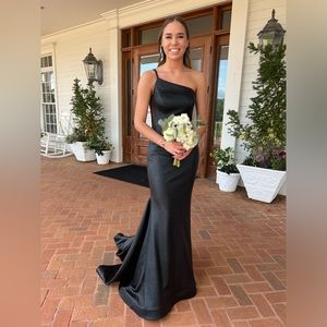 Black Jovani Leatherlike Long Prom Dress.  One Shoulder Size 2